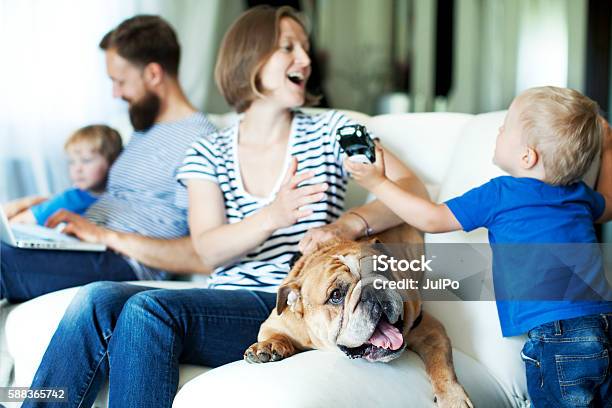 Family At Home Stock Photo - Download Image Now - Family, Dog, Domestic Life