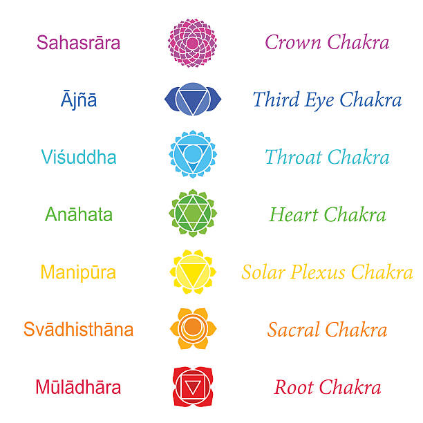 Chakras Sanskrit Names Sanskrit names of the seven main chakras. chakra illustrations stock illustrations
