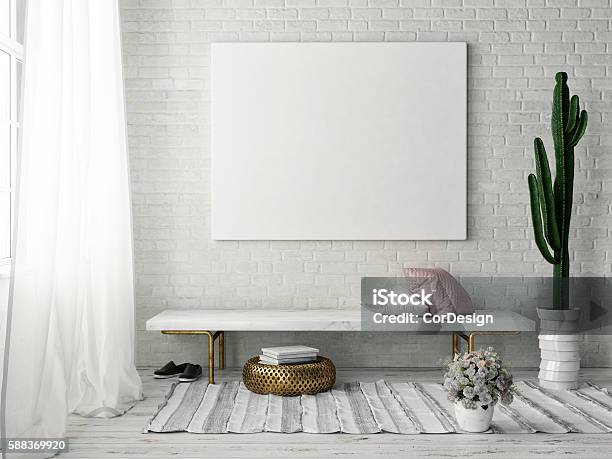 Mock Up Poster With Vintage Hipster Loft Interior Background Stock Photo - Download Image Now