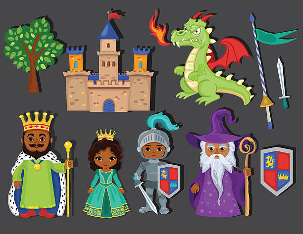 векторный набор средневековых икон элементов сказки. - princess nobility royal person fairy tale stock illustrations