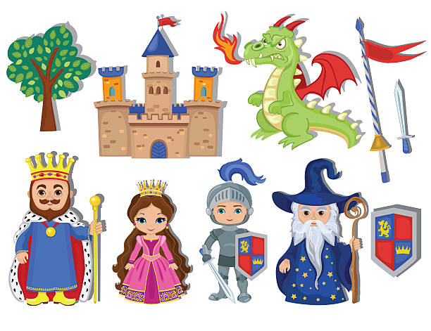 중세 동화 요소 아이콘의 벡터 세트. - picture book fairy tale castle dragon stock illustrations