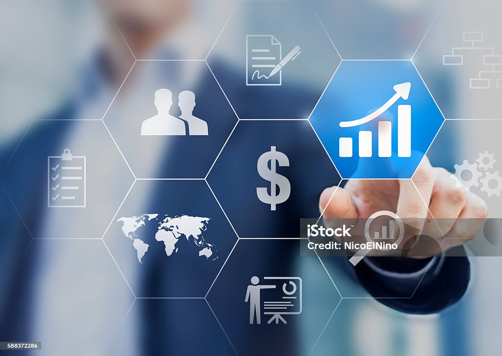 Boost your business concept. Successful businessman choosing to increase profit Boost your business concept. Businessman touching buttons with solutions to increase profit and get success Sales Occupation Stock Photo