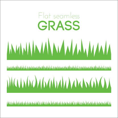 Vector flat grass set isolated on white background. Horizontal row of grass in cartoon style. Detailed illustration of herbs. Green grass pattern for illustration and game design. Abstract grass.