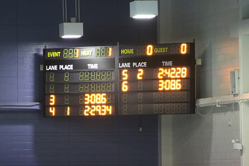 This is a photo of a swimming meet scoreboard.