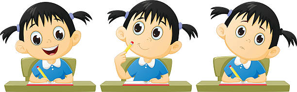 cartoon kleine mädchen studieren - child thinking writing little girls stock-grafiken, -clipart, -cartoons und -symbole