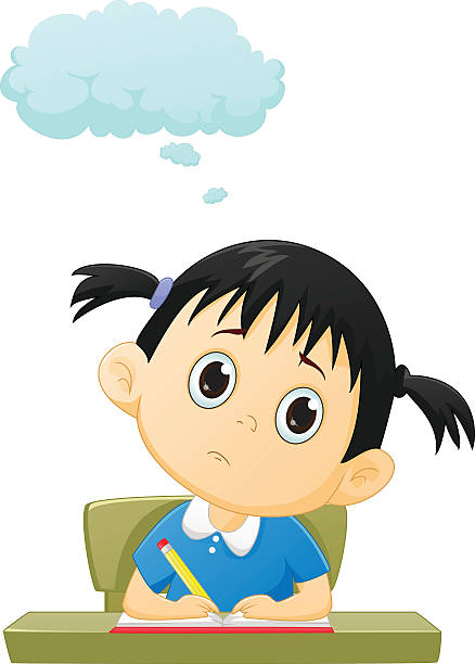 ilustrações de stock, clip art, desenhos animados e ícones de little girl thought with a sad face - child thinking writing little girls