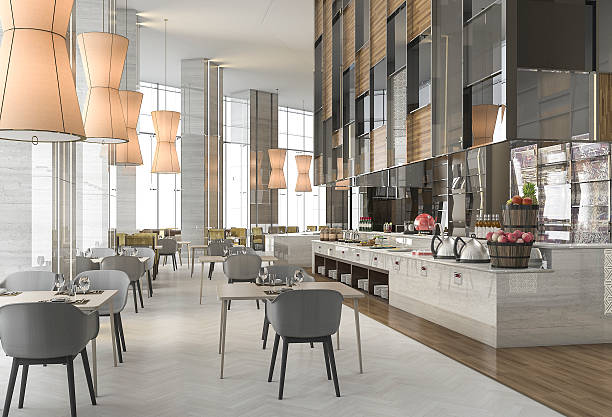 3d rendering restaurante agradável com decoração elegante - buffet breakfast food table - fotografias e filmes do acervo