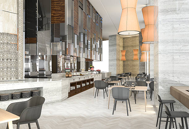 istock 3d rendering beautiful contemporary restaurant with great design 588377982