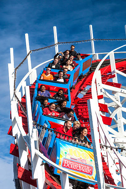 People on Giant Dipper roller coaster, Santa Cruz, California stock photo