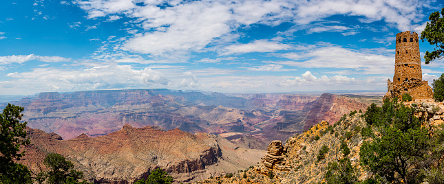 Aerial view overlooking sandstone buttes, plain desert and mountain ranges in Canyonlands National Park, Utah, USA.