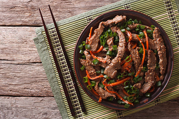 istock Asian Bulgogi beef slices fried with sesame on plate. horizontal 588381028