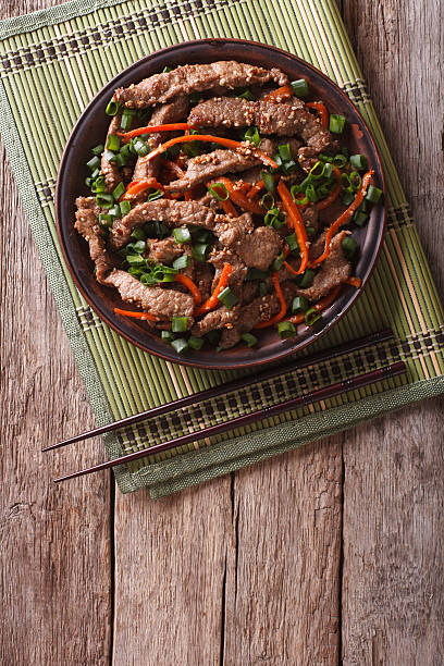 istock Asian Bulgogi beef slices fried with sesame on plate. vertical 588381666
