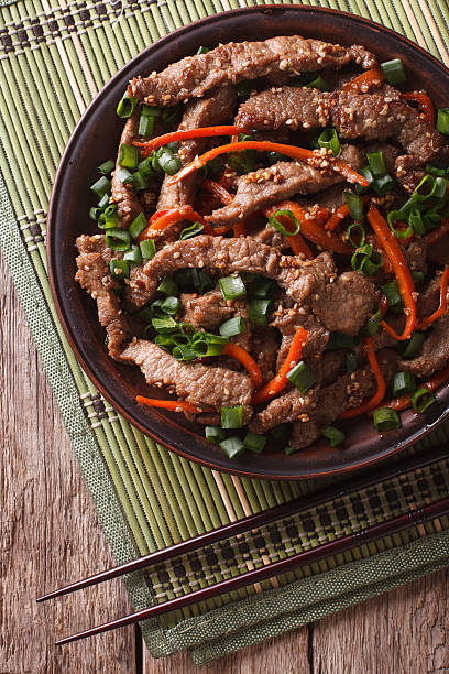 istock Bulgogi beef slices fried with sesame close-up on a plate 588381822