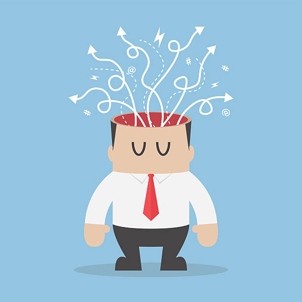 istock Arrows with different directions are coming out of businessman h 588384228