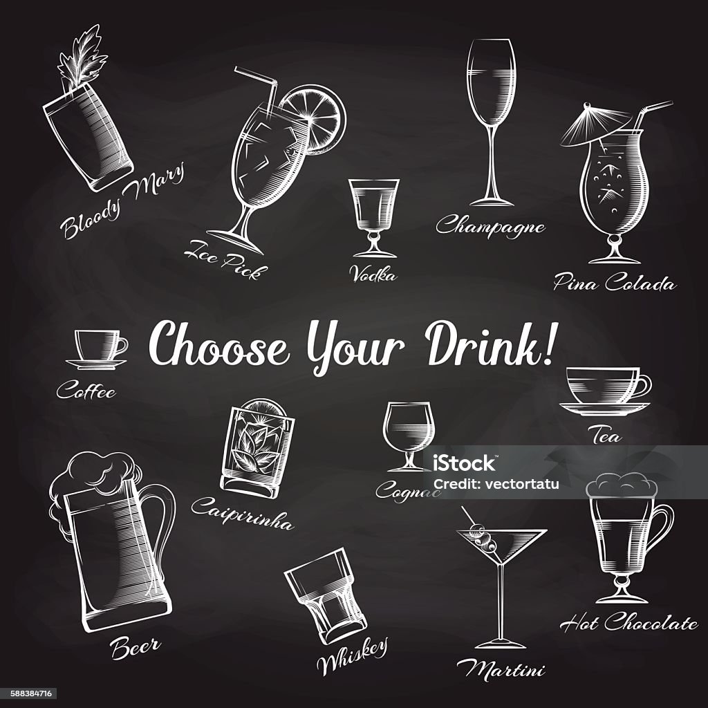 Handgezeichnete Cocktails an der Tafel - Lizenzfrei Kreide Vektorgrafik