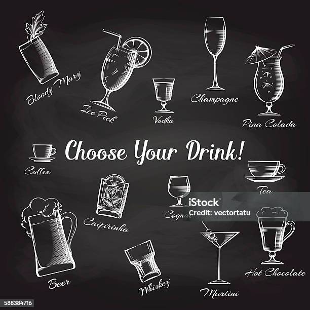 Hand Drawn Cocktails Set On Chalkboard Stock Illustration - Download Image Now - Chalk - Art Equipment, Chalk Drawing, Drink