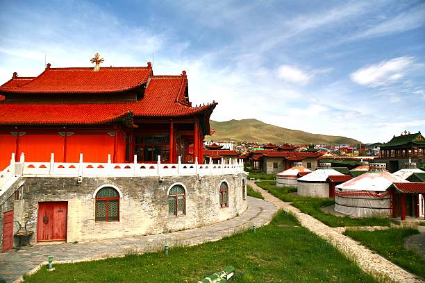 The ger camp  in a large meadow at Ulaanbaatar , Mongolia stock photo