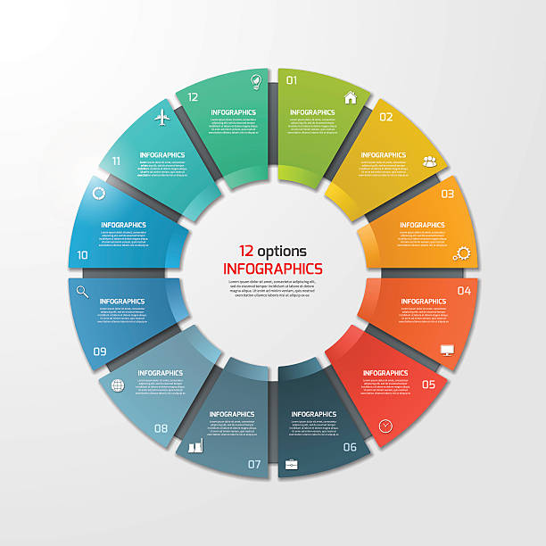 illustrations, cliparts, dessins animés et icônes de modèle d’infographie de cercle de graphique à secteurs avec 12 options. - 12