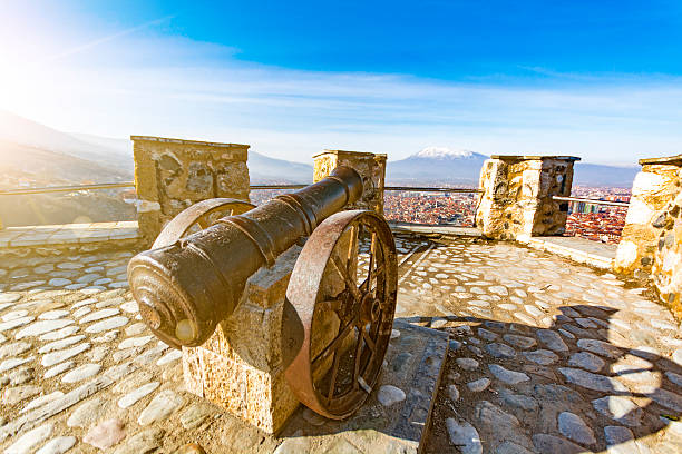 Cannon in Prizren castle and city view