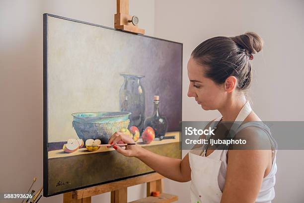 Female Artist Painting In Studio Stock Photo - Download Image Now - 30-39 Years, Adult, Adults Only