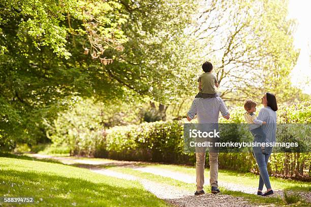 Rear View Of Family Going For Walk In Summer Countryside Stock Photo - Download Image Now