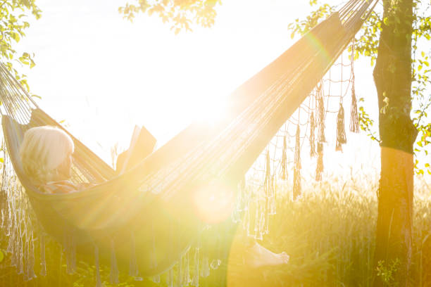 istock Serene woman reading book in sunny hammock 588482841