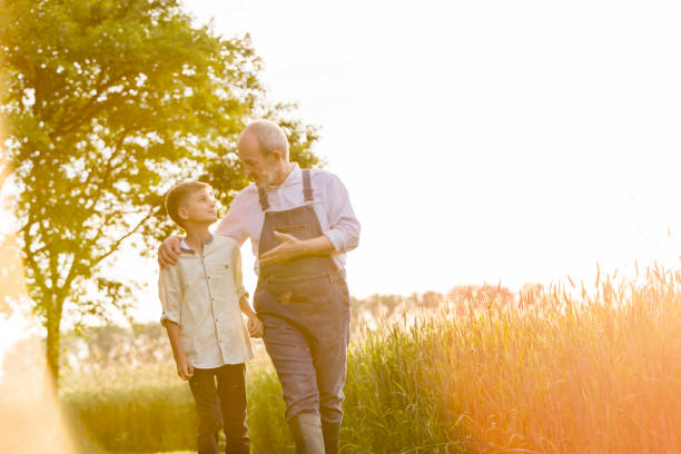 avô agricultor falando com neto em ensolarado campo de trigo rural - listening child grandfather family - fotografias e filmes do acervo