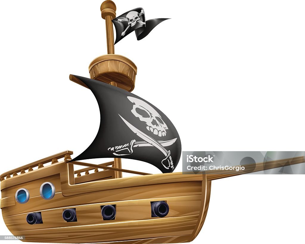 Pirate Ship Cartoon An illustration of a cartoon pirate ship boat flying a skull and crossed bones flag Cannon - Artillery stock vector