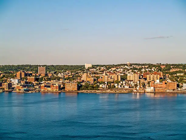 Yonkers, New York with the Hudson river in the foreground.