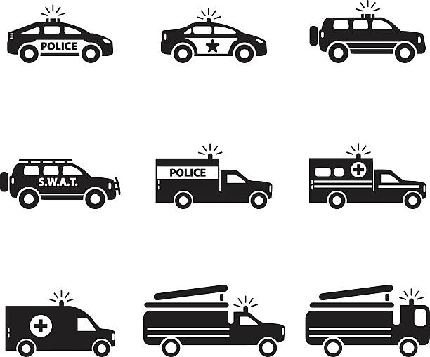 набор значков аварийного транспорта. векторная иллюстрация. - police car stock illustrations