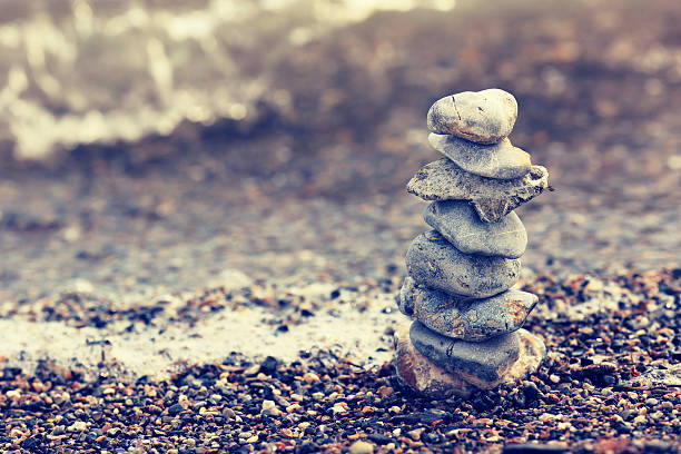 closeup of mongolian cairns on beach