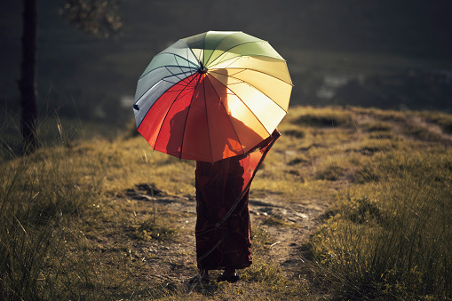Rear view of a woman standing with multi-colored umbrella on field