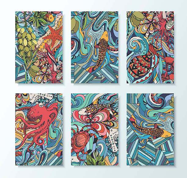 vivid illustration of marine animals A set of cards with decorative zentangl. Abstract doodle maritime theme. A vivid illustration of marine animals. fish designs stock illustrations