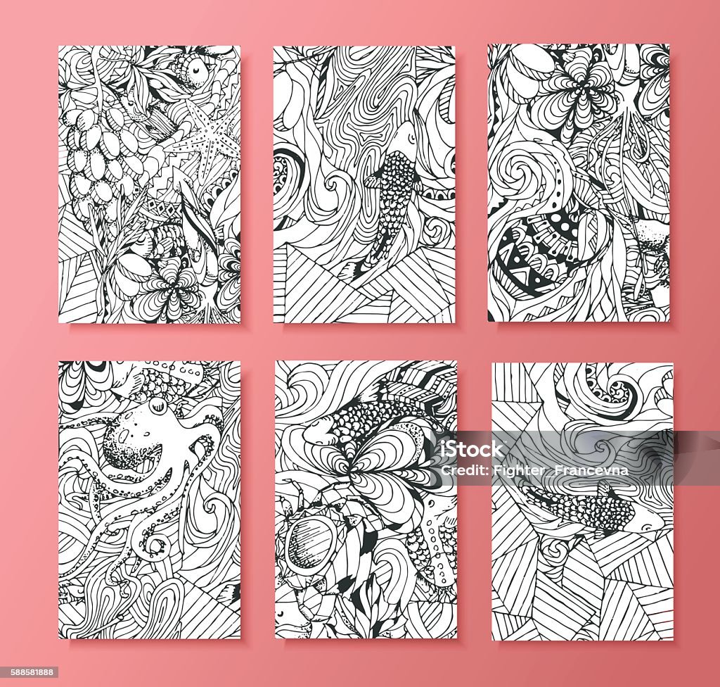 vivid illustration of marine animals Black and white coloring for adults with marine animals. Illustration zentagl style. Abstract doodle line on the marine theme. Abstract stock vector