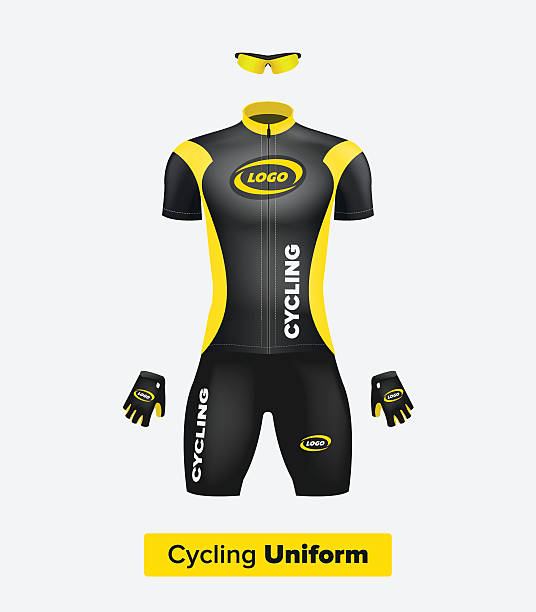 Realistic vector cycling uniform template. Black and yellow. Realistic vector cycling uniform template. Black and yellow. Branding mockup. Bike or Bicycle clothing and equipment. Special kit: short sleeve jersey, gloves and sunglasses. Front view. sports uniform stock illustrations