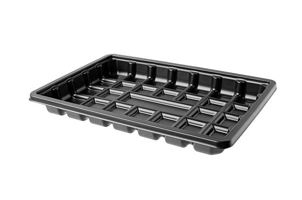 istock Black Plastic Food Tray Isolated White Background Clipping Paths 588584122