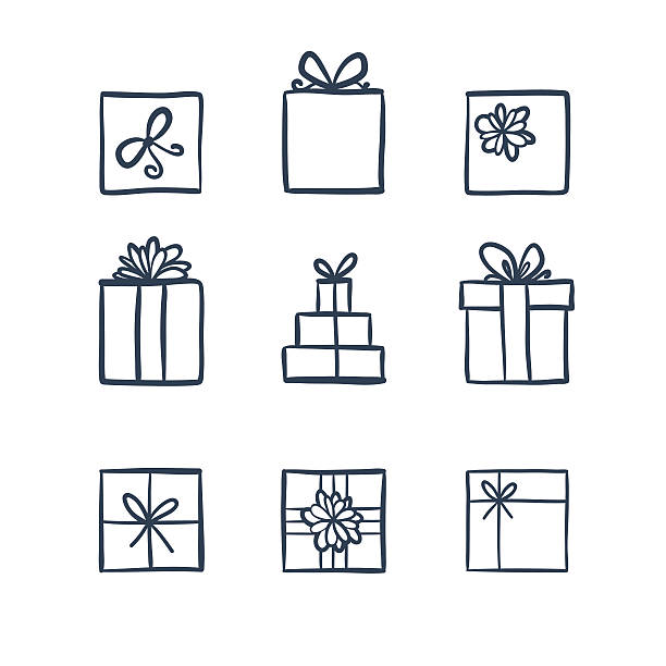 Hand drawn icons gifts Hand drawn icons gifts with bows in cartoon style. Doodle gift box icon set with different bows. Gift wrap. Gift package. Doodle gift box icon isolated on white background. Thin line doodle icon set. gift illustrations stock illustrations