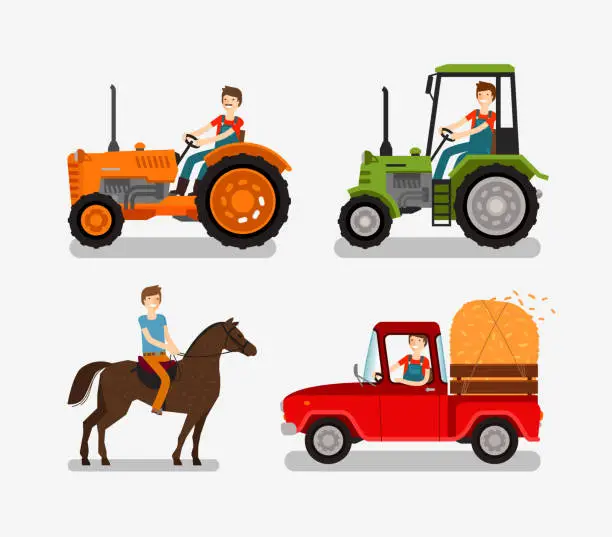 Vector illustration of Farm icons set. Cartoon symbols such as tractor, truck, horse