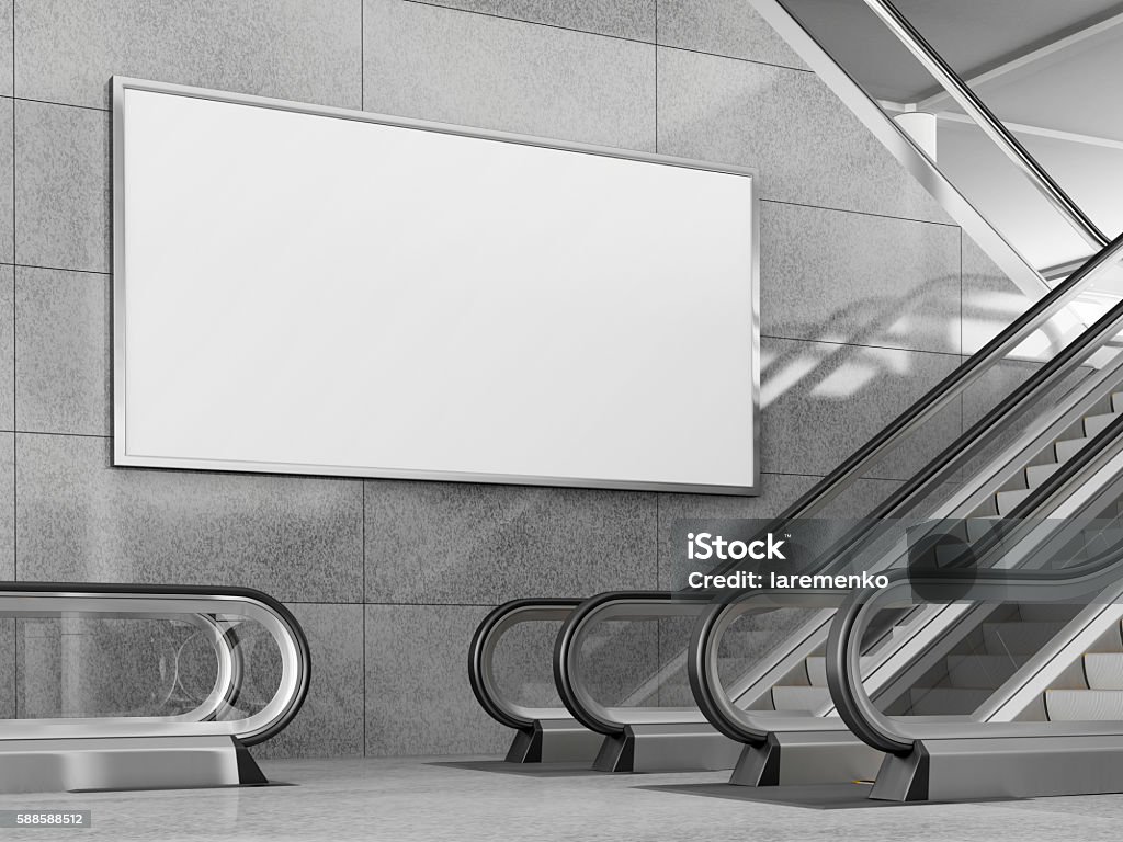 Blank horizontal billboard in public place. 3D rendering. Blank horizontal big poster in public place. Billboard mockup near to escalator in an mall, shopping center, airport terminal, office building or subway station. 3D rendering. Billboard Stock Photo