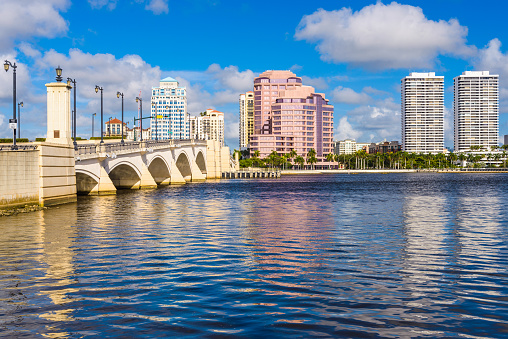 West Palm Beach, Florida, USA downtown skyline on the Intracoastal Waterway.