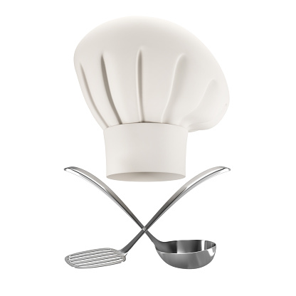 white chef hat with soup ladle and spatula isolated on white background