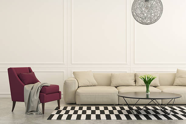 Colorful living room with orange sofa