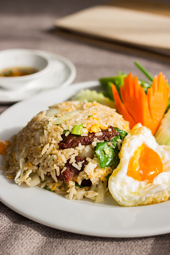 Fried rice with beef and sunny up egg from room service