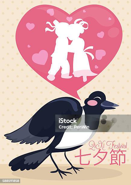 Cartoon Magpie Singing The Lovers Story In Qixi Festival Stock Illustration - Download Image Now