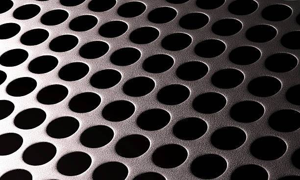 silver metal background with round hole and lighting reflection