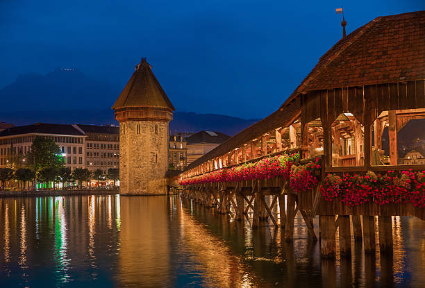 The Chapel Bridge in Lucerne in the late evening stock photo