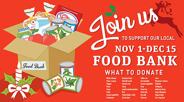 Food Bank Donation Concept Banner Food Bank Donation Concept Banner. Paper bag filled with groceries to donate to a local food bank. Ideal for a local food drive. Has a layer for text. holiday food drive stock illustrations