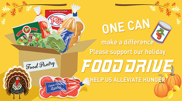 Food Bank Donation Concept Banner Food Bank Donation Concept Banner. Paper bag filled with groceries to donate to a local food bank. Ideal for a local food drive. Has a layer for text. holiday food drive stock illustrations