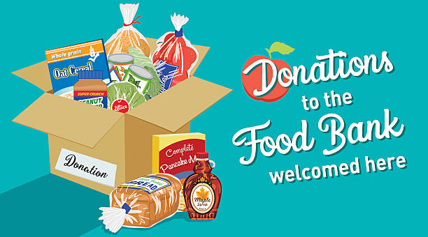 Food Bank Donation Concept Banner Food Bank Donation Concept Banner. Paper bag filled with groceries to donate to a local food bank. Ideal for a local food drive. Has a layer for text. food bank vector stock illustrations