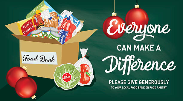 Food Bank Donation Concept Banner Food Bank Donation Concept Banner. Paper bag filled with groceries to donate to a local food bank. Ideal for a local food drive. Has a layer for text. holiday food drive stock illustrations